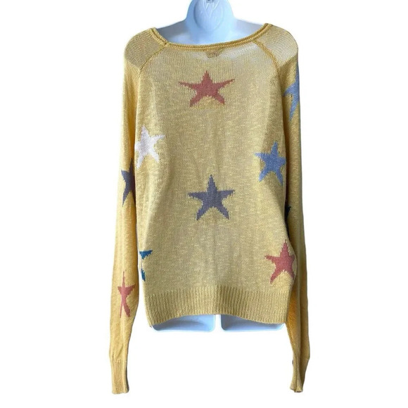 BLANK PAIGE Knit Stars Sweater Scoopneck Yellow Loose Fit Lightweight Pullover S - Picture 2 of 3